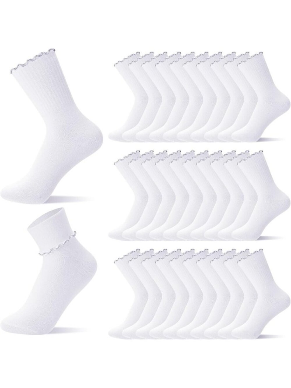 Bulk Ruffle Ankle Socks for Women - Breathable White Frilly Crew Socks